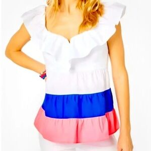 Lilly Pulitzer White, Blue, and Pink Ruffle Top